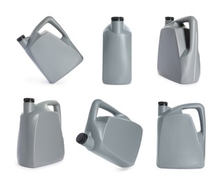 Image of Plastic canister on white background, collage. View from different sides