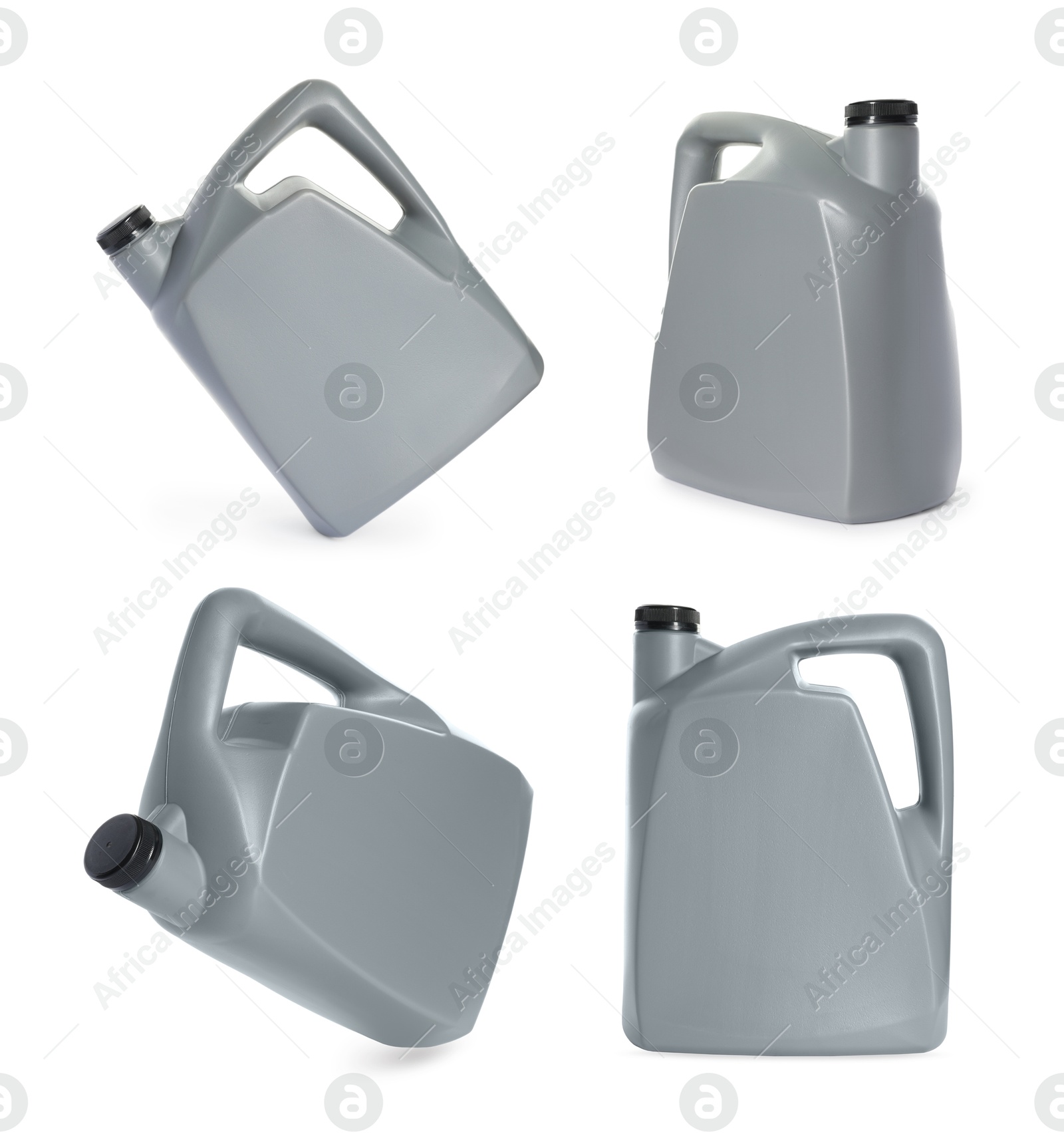 Plastic canister on white background, collage. View from different sides Image of Plastic canister on white background, collage. View from different sides