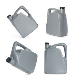 Image of Plastic canister on white background, collage. View from different sides