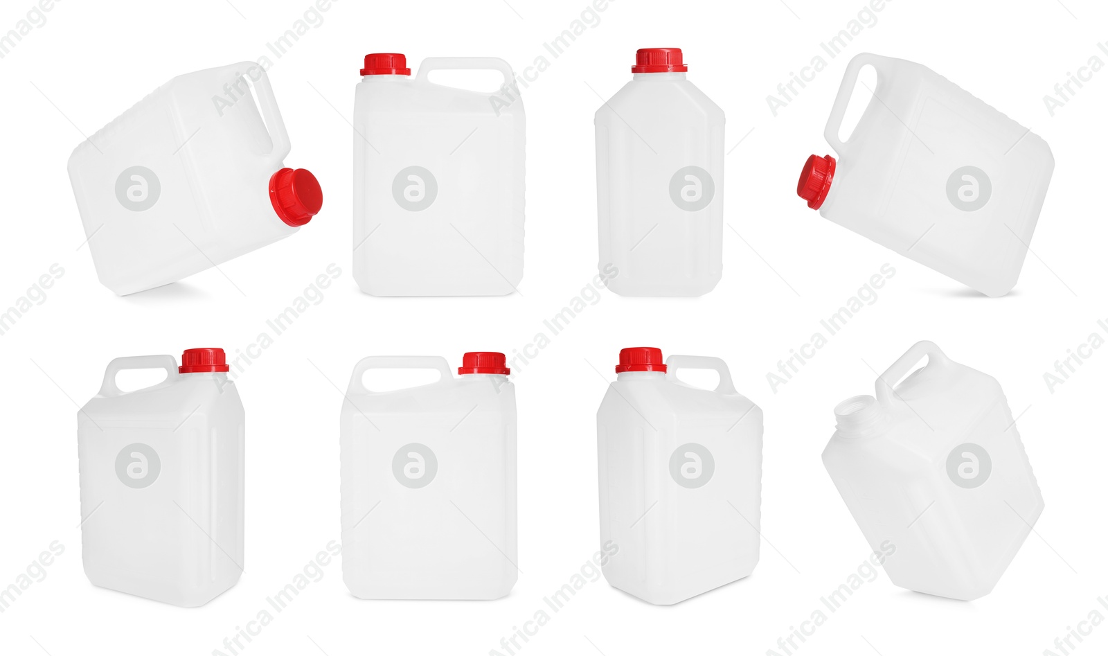 Plastic canister on white background, collage. View from different sides Image of Plastic canister on white background, collage. View from different sides