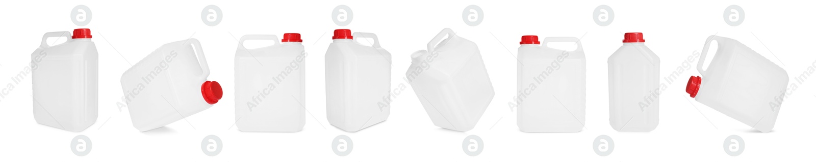 Plastic canister on white background, collage. View from different sides Image of Plastic canister on white background, collage. View from different sides