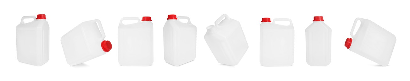 Image of Plastic canister on white background, collage. View from different sides