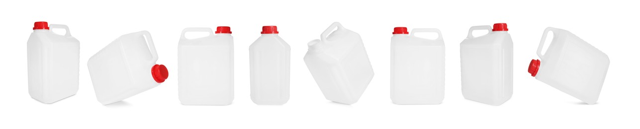 Image of Plastic canister on white background, collage. View from different sides