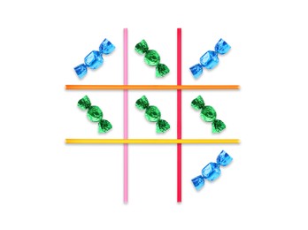 Image of Tic-tac-toe game made of different candies and drinking straws on white background, top view