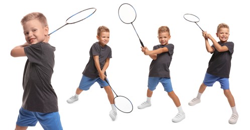 Image of Cute boy playing badminton with racket on white background, collage