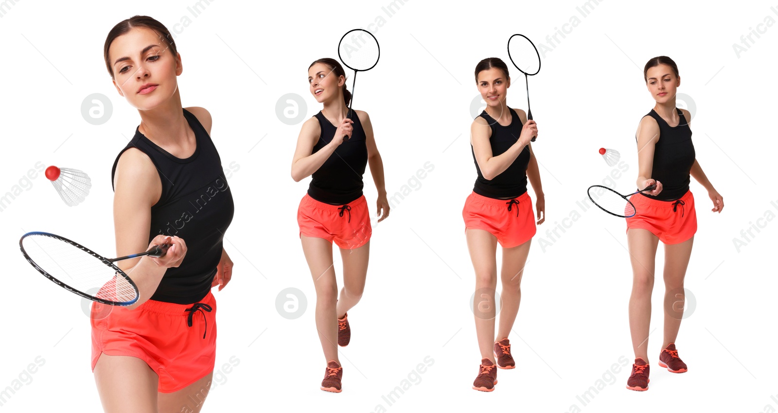 Young woman playing badminton with racket on white background, collage Image of Young woman playing badminton with racket on white background, collage