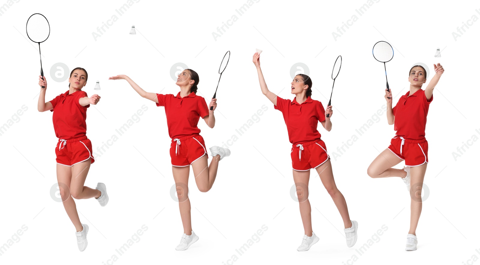 Young woman playing badminton with racket and feather shuttlecock on white background, collage Image of Young woman playing badminton with racket and feather shuttlecock on white background, collage