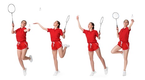 Image of Young woman playing badminton with racket and feather shuttlecock on white background, collage