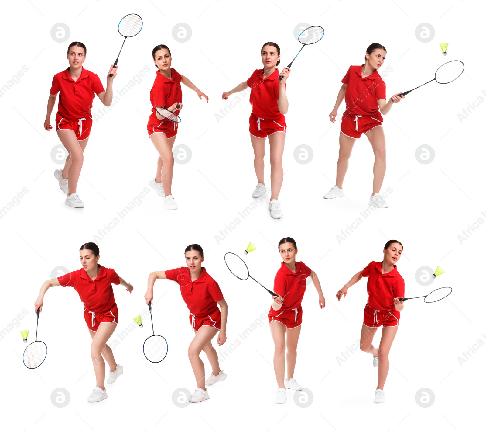 Young woman playing badminton with racket on white background, collage Image of Young woman playing badminton with racket on white background, collage
