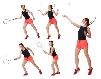 Image of Young woman playing badminton with racket on white background, collage