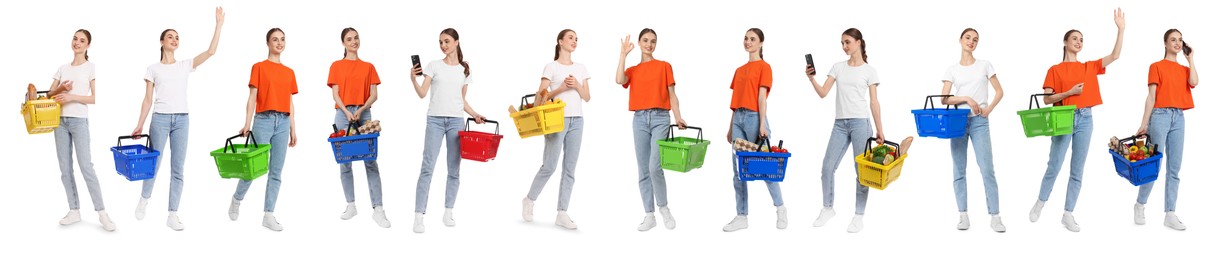 Image of Woman with different shopping baskets isolated on white, collage of portraits