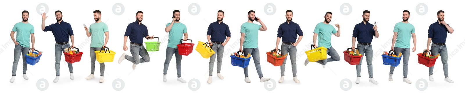 Man with different shopping baskets isolated on white, collage of portraits Image of Man with different shopping baskets isolated on white, collage of portraits