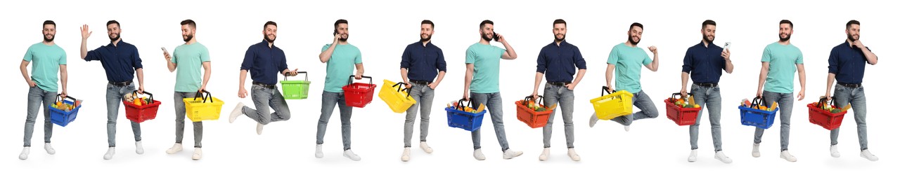 Image of Man with different shopping baskets isolated on white, collage of portraits