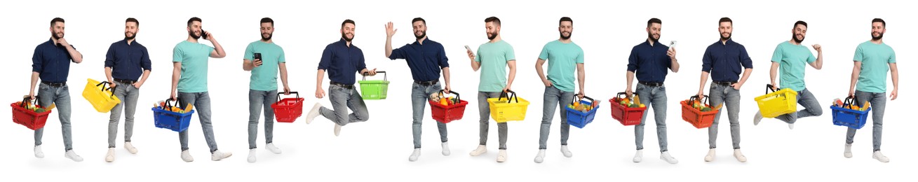 Image of Man with different shopping baskets isolated on white, collage of portraits