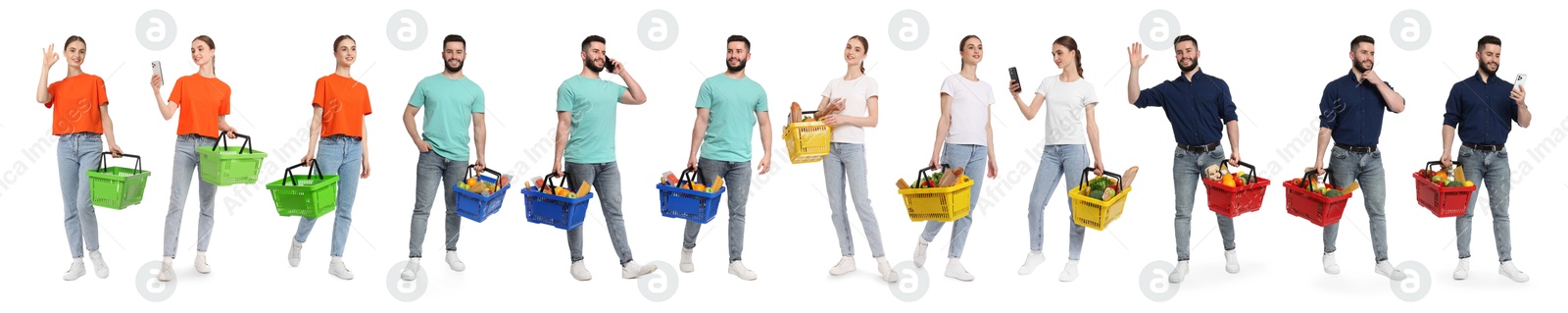 Woman and man with different shopping baskets isolated on white, collage of portraits Image of Woman and man with different shopping baskets isolated on white, collage of portraits