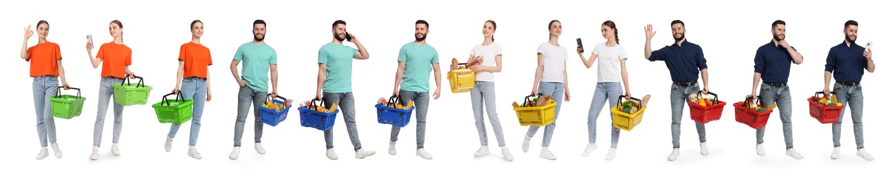 Image of Woman and man with different shopping baskets isolated on white, collage of portraits