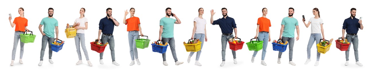 Image of Woman and man with different shopping baskets isolated on white, collage of portraits