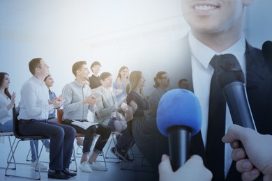 Image of Group of people applauding to speaker, double exposure