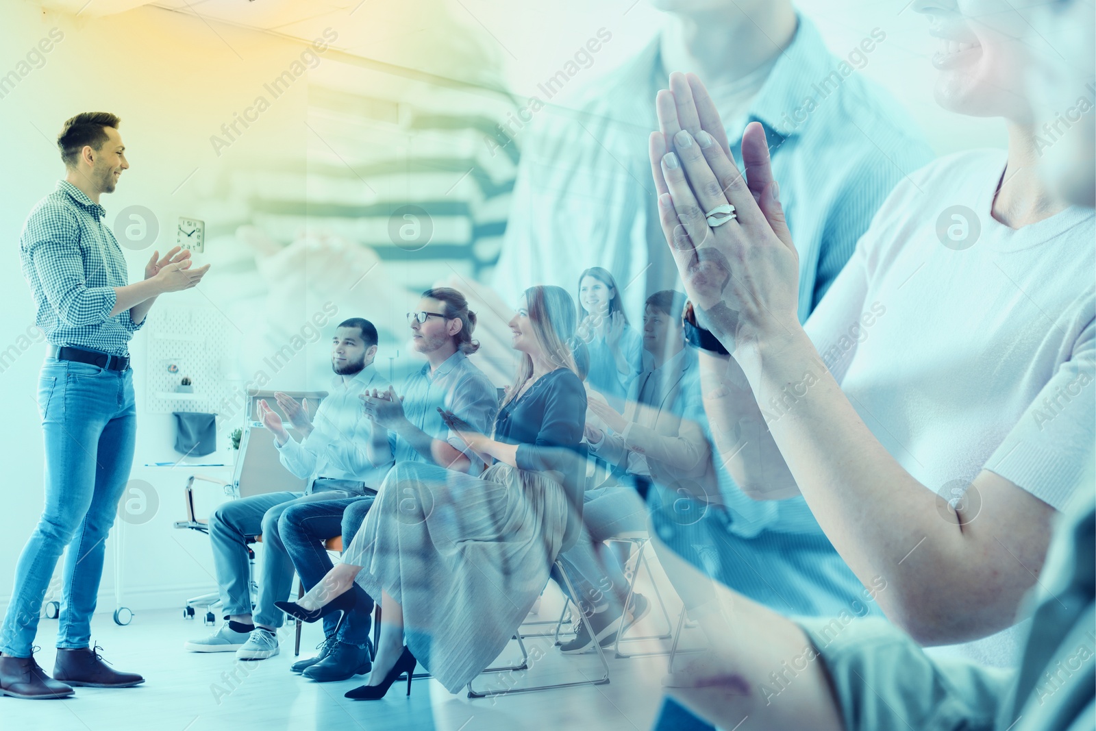Group of people applauding to speaker, double exposure Image of Group of people applauding to speaker, double exposure