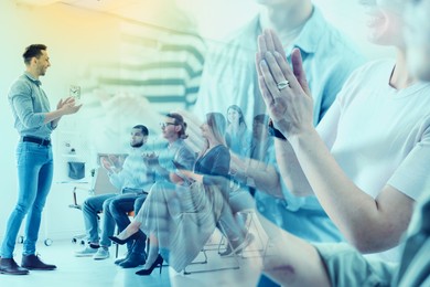 Image of Group of people applauding to speaker, double exposure