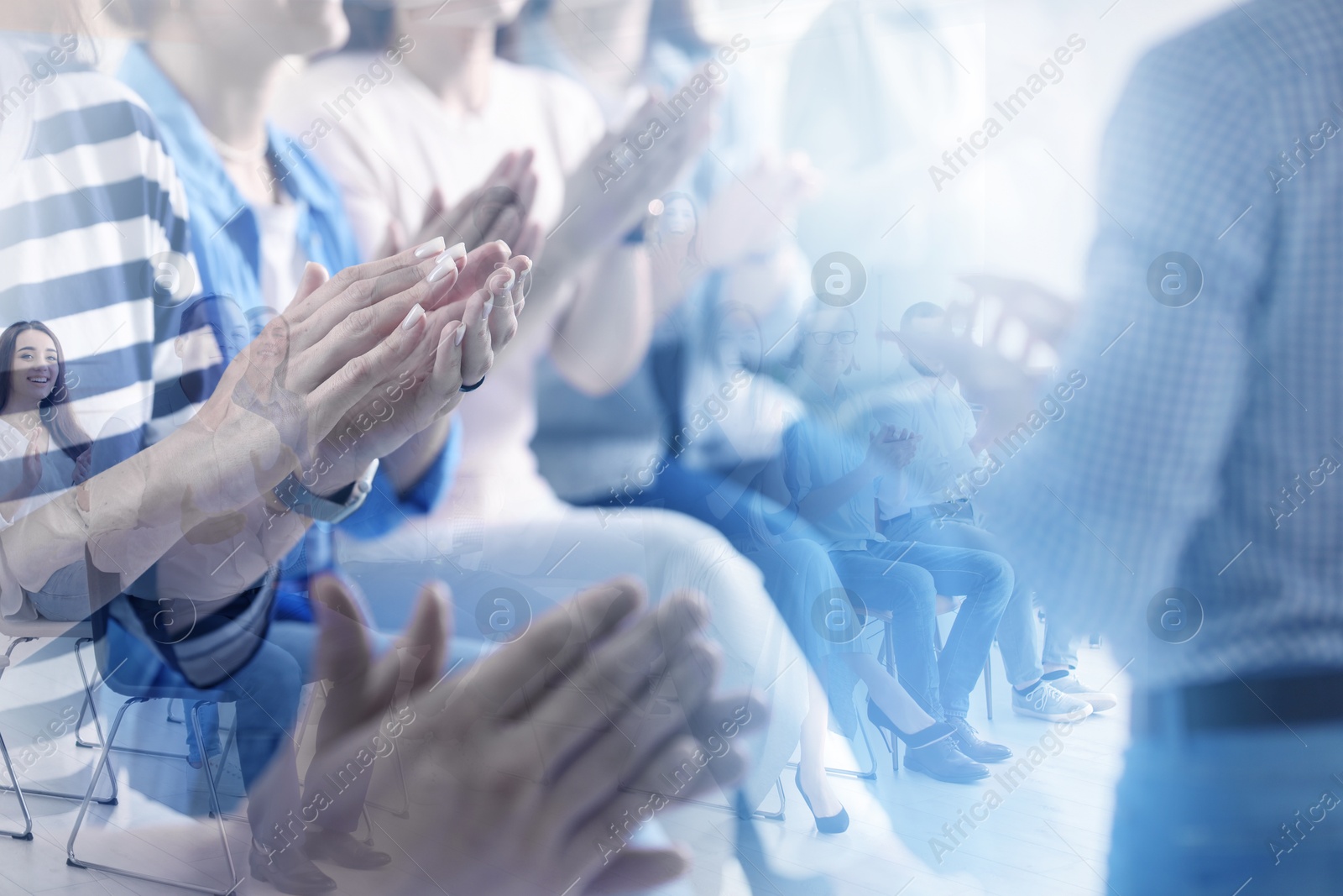 Group of people applauding to speaker, double exposure Image of Group of people applauding to speaker, double exposure