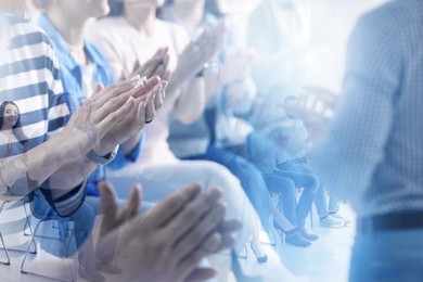 Image of Group of people applauding to speaker, double exposure