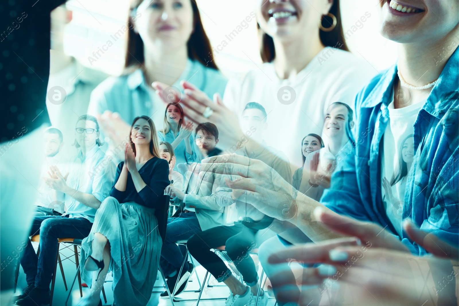 Group of people applauding to speaker, double exposure Image of Group of people applauding to speaker, double exposure