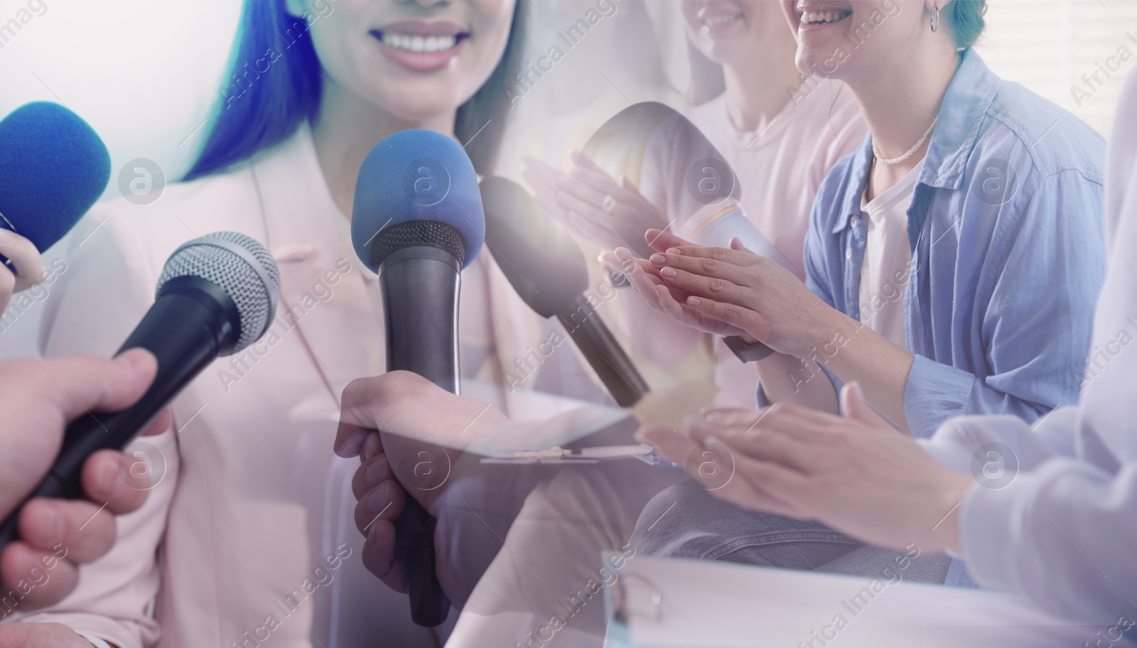 Group of people applauding to speaker, double exposure Image of Group of people applauding to speaker, double exposure