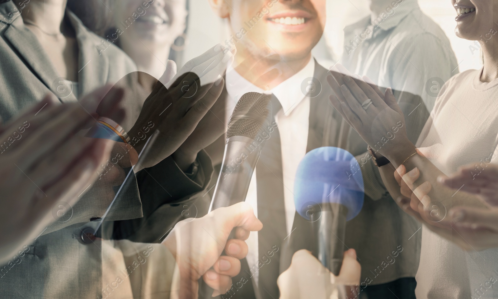 Group of people applauding to speaker, double exposure Image of Group of people applauding to speaker, double exposure