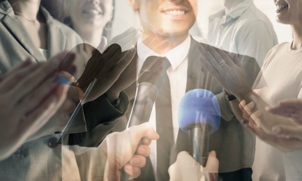 Image of Group of people applauding to speaker, double exposure