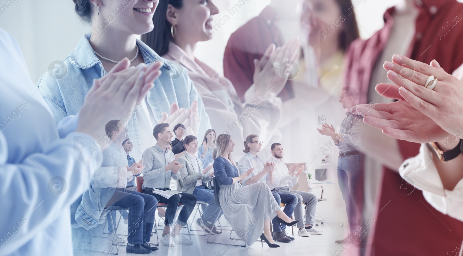 Group of people applauding to speaker, double exposure Image of Group of people applauding to speaker, double exposure
