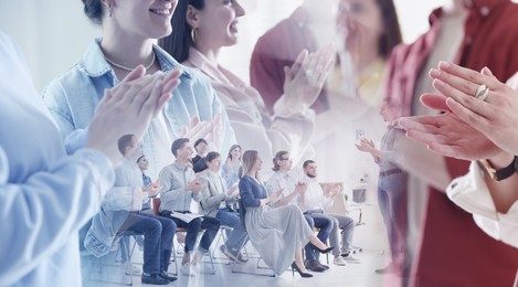 Image of Group of people applauding to speaker, double exposure