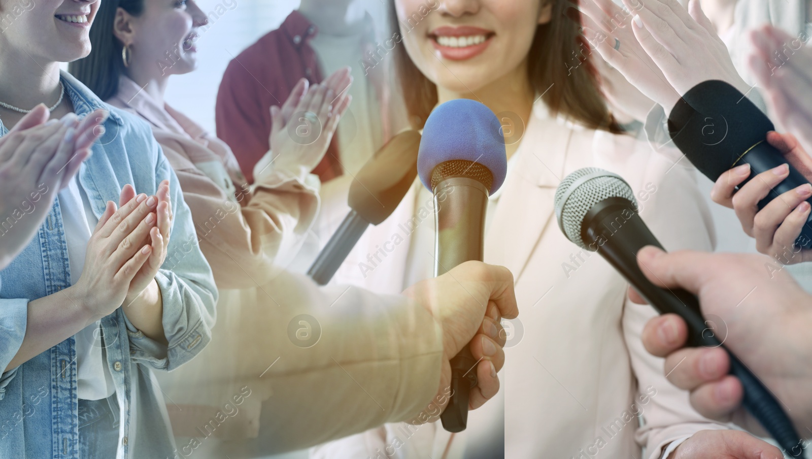 Group of people applauding to speaker, double exposure Image of Group of people applauding to speaker, double exposure