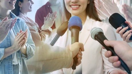 Image of Group of people applauding to speaker, double exposure