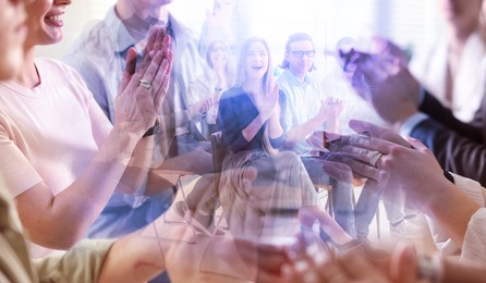 Image of Group of different people applauding, double exposure