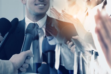 Image of Group of people applauding to speaker, double exposure