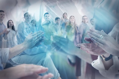 Image of Group of different people applauding, double exposure