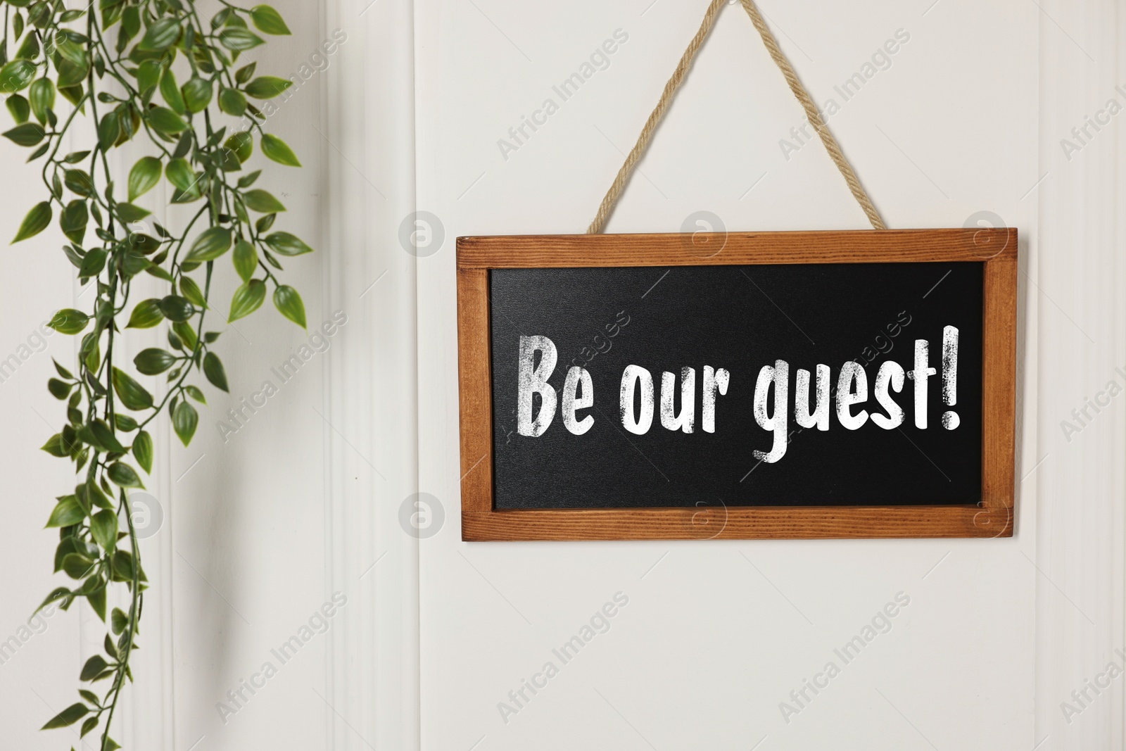 Small blackboard with phrase Be Our Guest and houseplant hanging on white wall Image of Small blackboard with phrase Be Our Guest and houseplant hanging on white wall