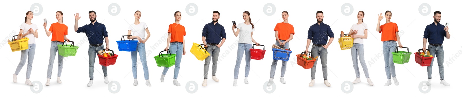 Woman and man with different shopping baskets isolated on white, collage of portraits Image of Woman and man with different shopping baskets isolated on white, collage of portraits