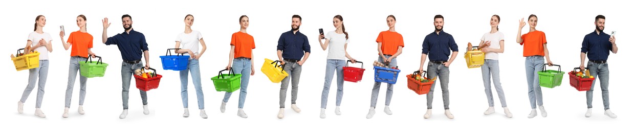 Image of Woman and man with different shopping baskets isolated on white, collage of portraits