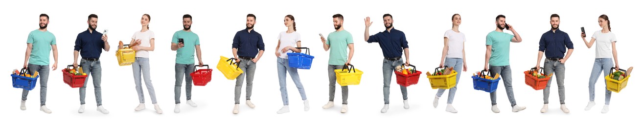 Image of Woman and man with different shopping baskets isolated on white, collage of portraits