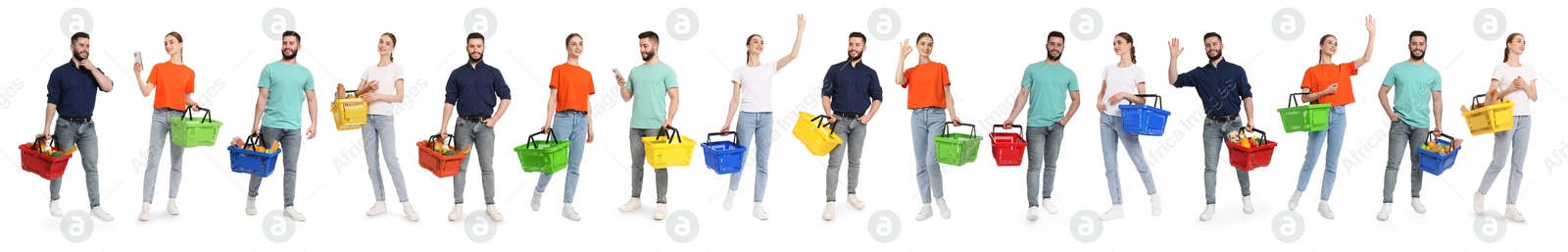 Woman and man with different shopping baskets isolated on white, collage of portraits Image of Woman and man with different shopping baskets isolated on white, collage of portraits