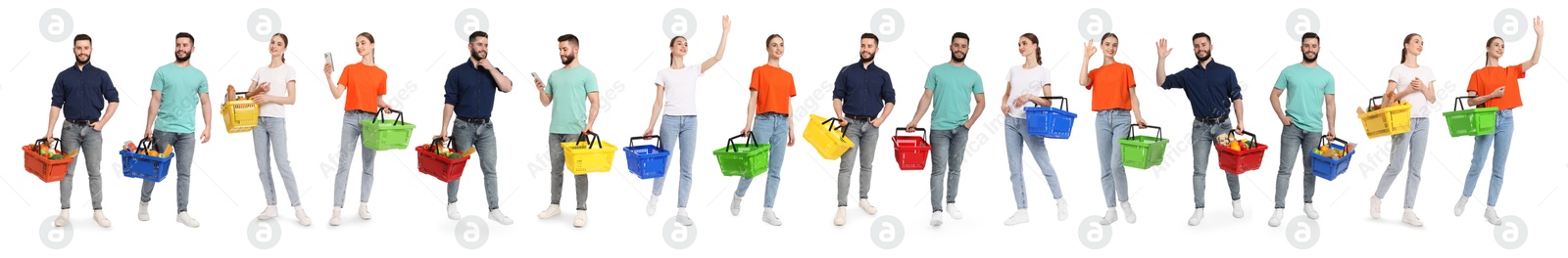 Woman and man with different shopping baskets isolated on white, collage of portraits Image of Woman and man with different shopping baskets isolated on white, collage of portraits