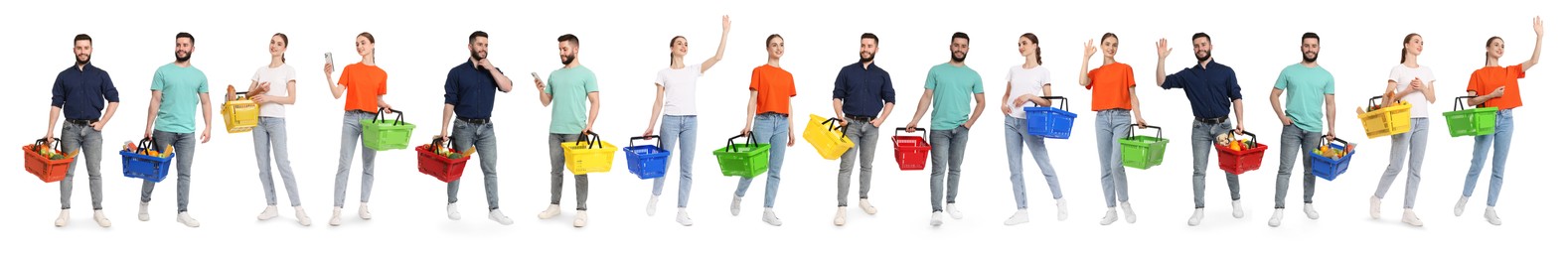 Image of Woman and man with different shopping baskets isolated on white, collage of portraits