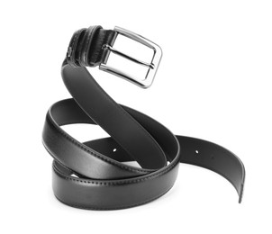 Photo of One black leather belt isolated on white