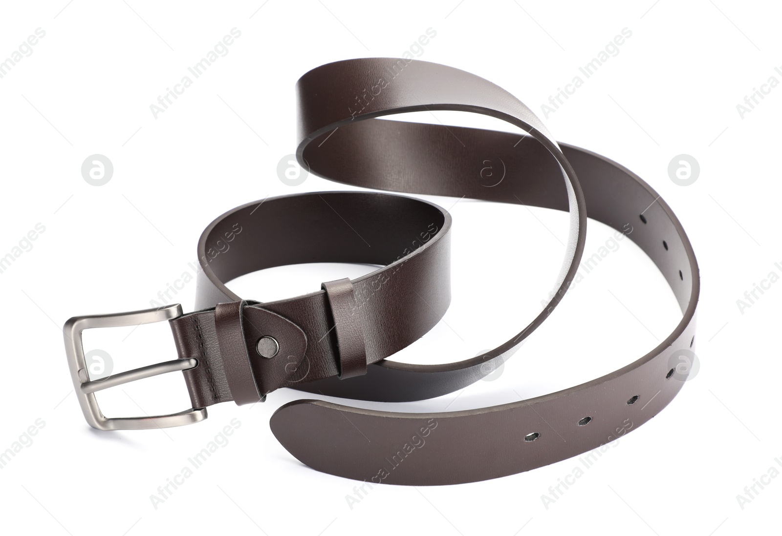 One brown leather belt isolated on white Photo of One brown leather belt isolated on white