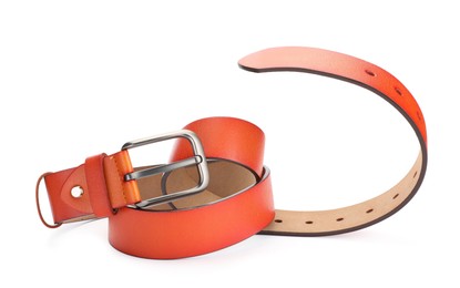 Photo of One orange leather belt isolated on white