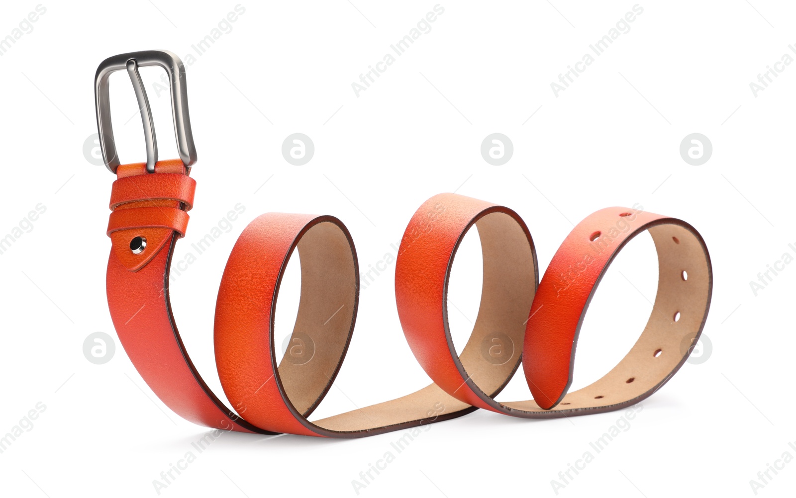 One orange leather belt isolated on white Photo of One orange leather belt isolated on white
