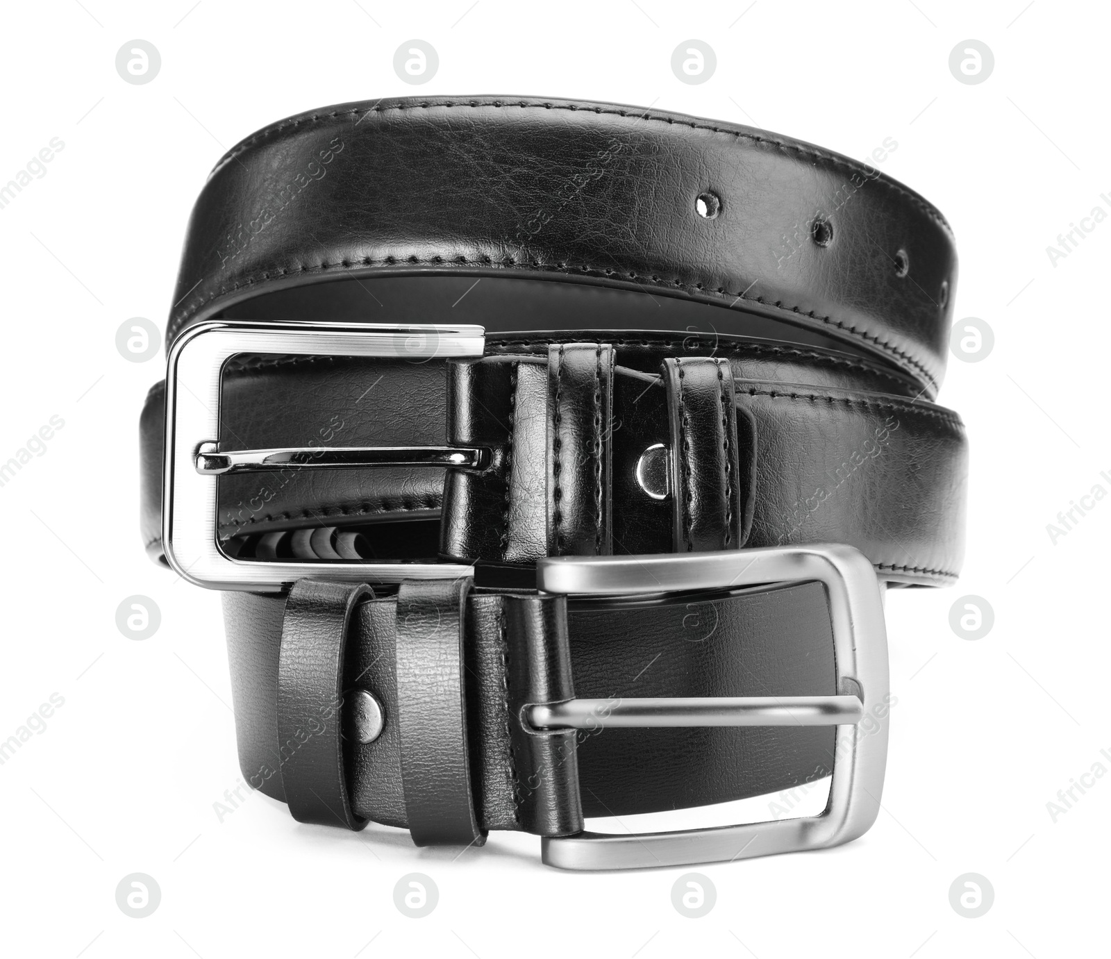 Two black leather belts isolated on white Photo of Two black leather belts isolated on white