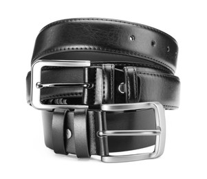Photo of Two black leather belts isolated on white